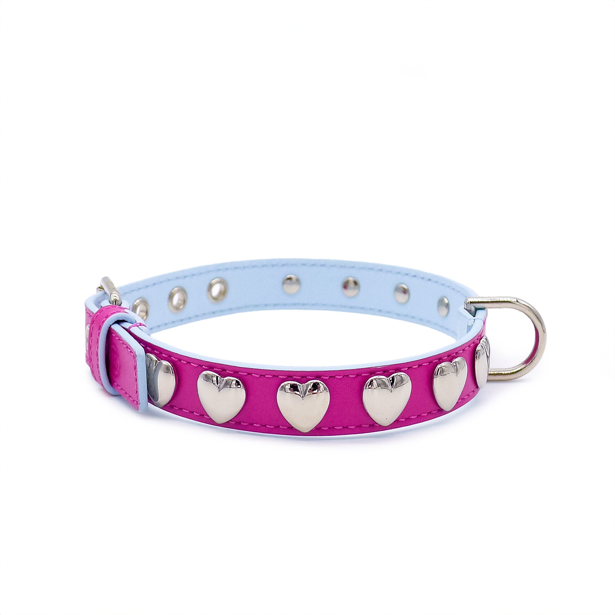 Collier chien cuir nappa fuchsia à cœurs – design italien EMMA Firenze
