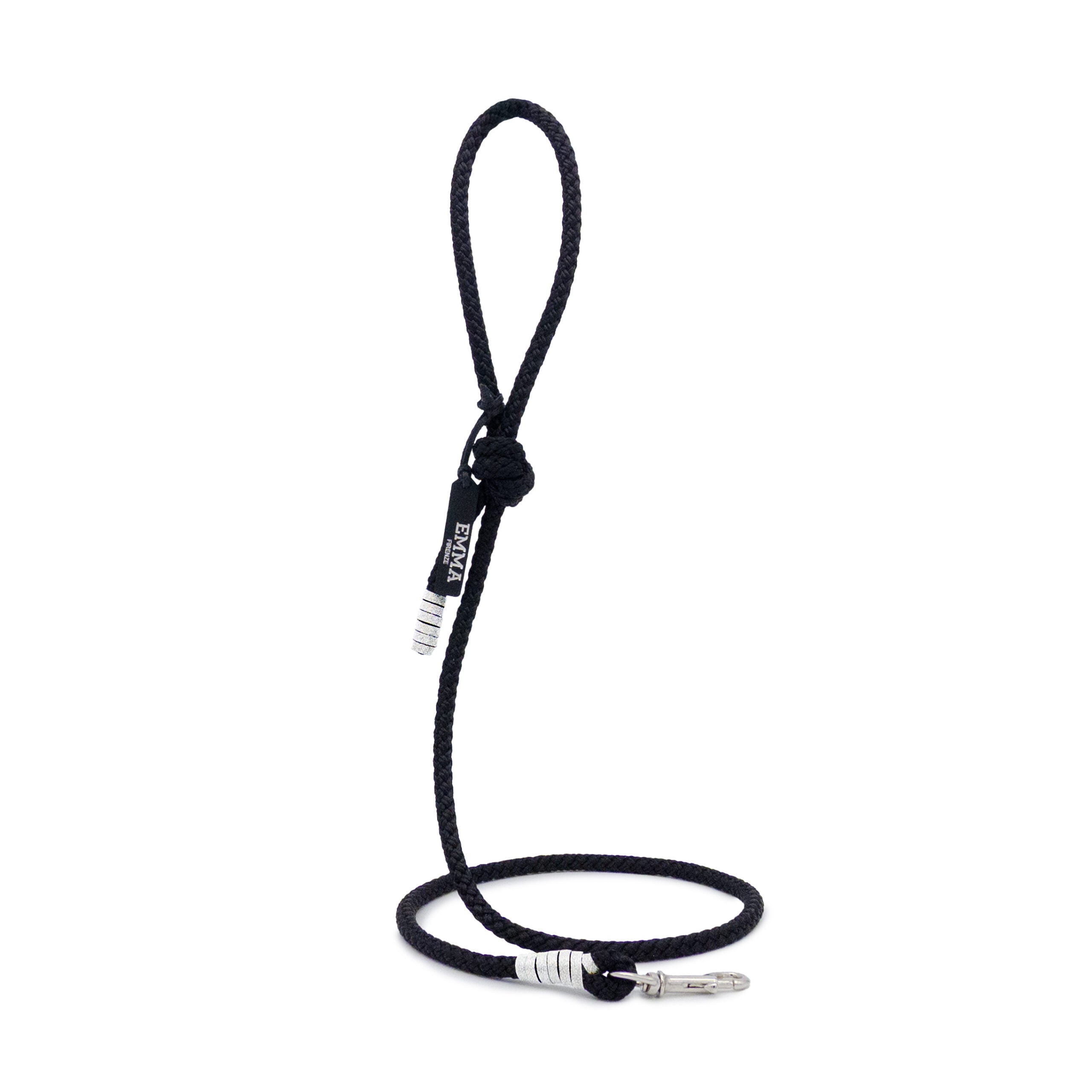 Laisse pour chien en tissu tressé et cuir pailleté argent, fabrication artisanale italienne