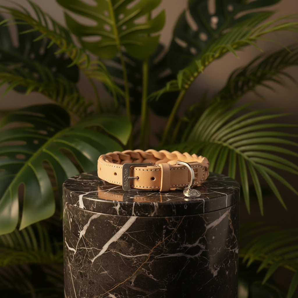 Collier Bergamo MiaCara sur support luxe avec décor de plantes