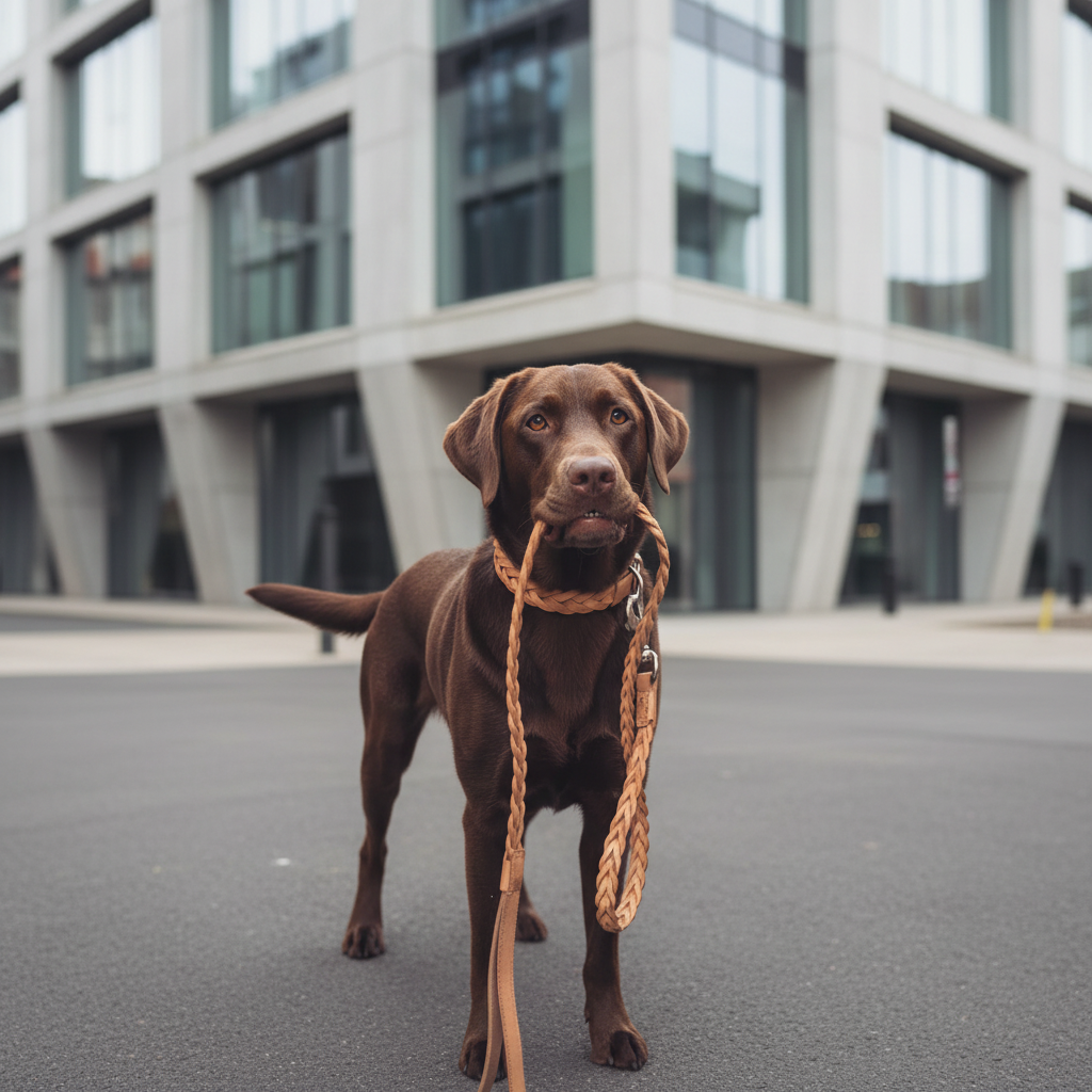 Labrador chocolat avec collier tressé Bergamo devant une architecture contemporaine