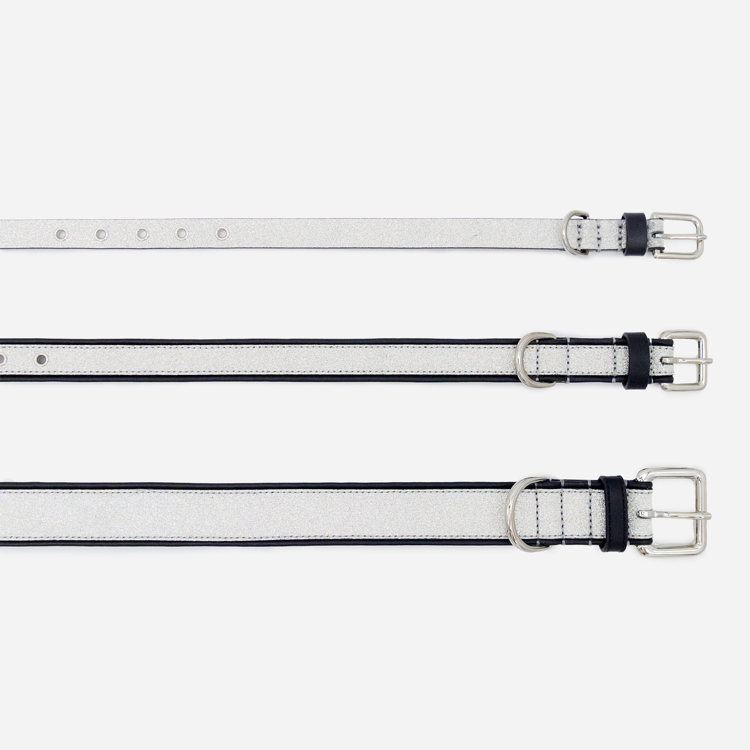 Collier pour chien en cuir pailleté argent fait main, accessoire design et élégant pour chiens, fabrication artisanale italienne.