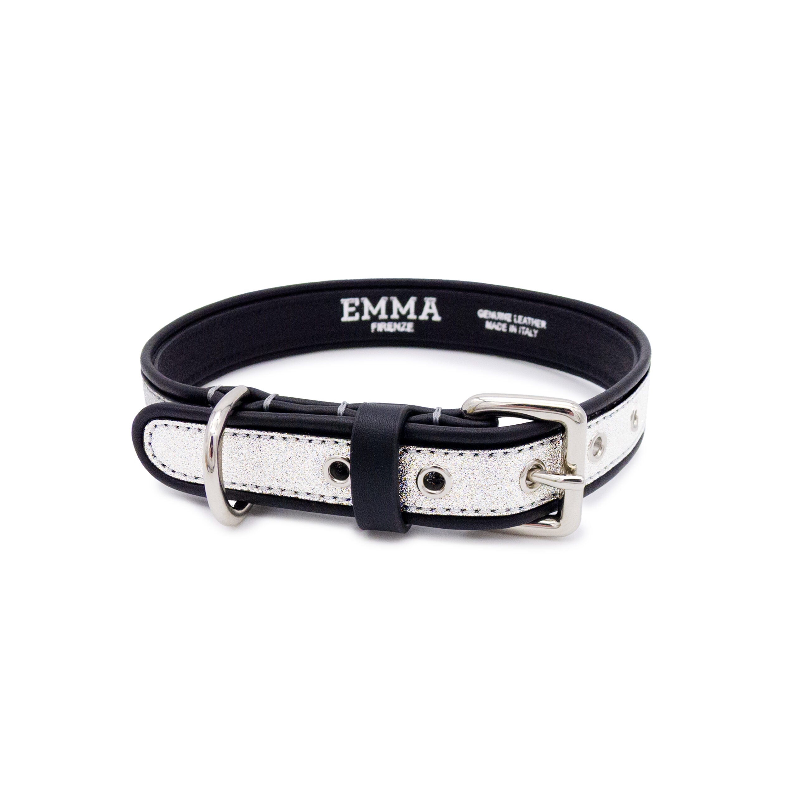 Collier pour chien en cuir pailleté argent fait main, accessoire design et élégant pour chiens, fabrication artisanale italienne.